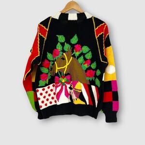 Vintage 1992 Berek Hand Knit Equestrian Kentucky Derby Novelty Cardigan Size M